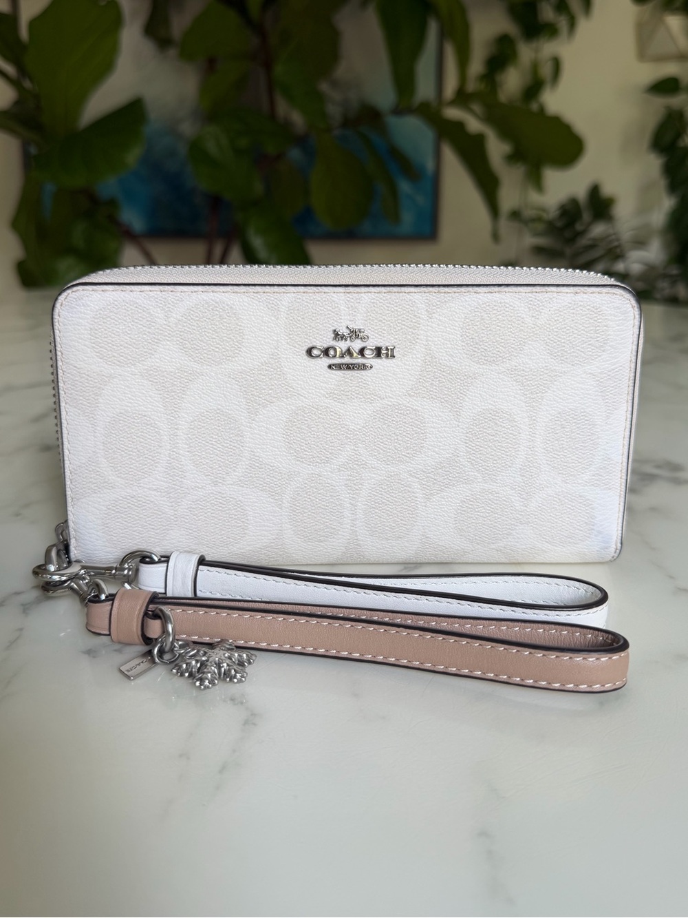Coach Long Zip Around Wallet In Signature Canvas w/ Snowflake Charm Silver/Chalk